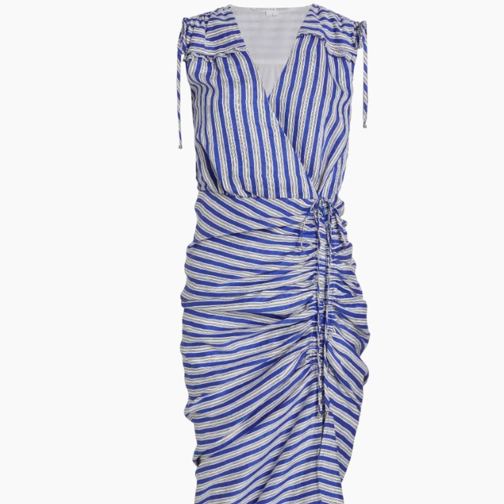 VERONICA BEARD Teagan wrap-effect ruched striped linen-blend midi dress